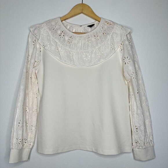 Ann Taylor Ruffle Eyelet Mix Media Top Size M Long Sleeve - Picture 1 of 9